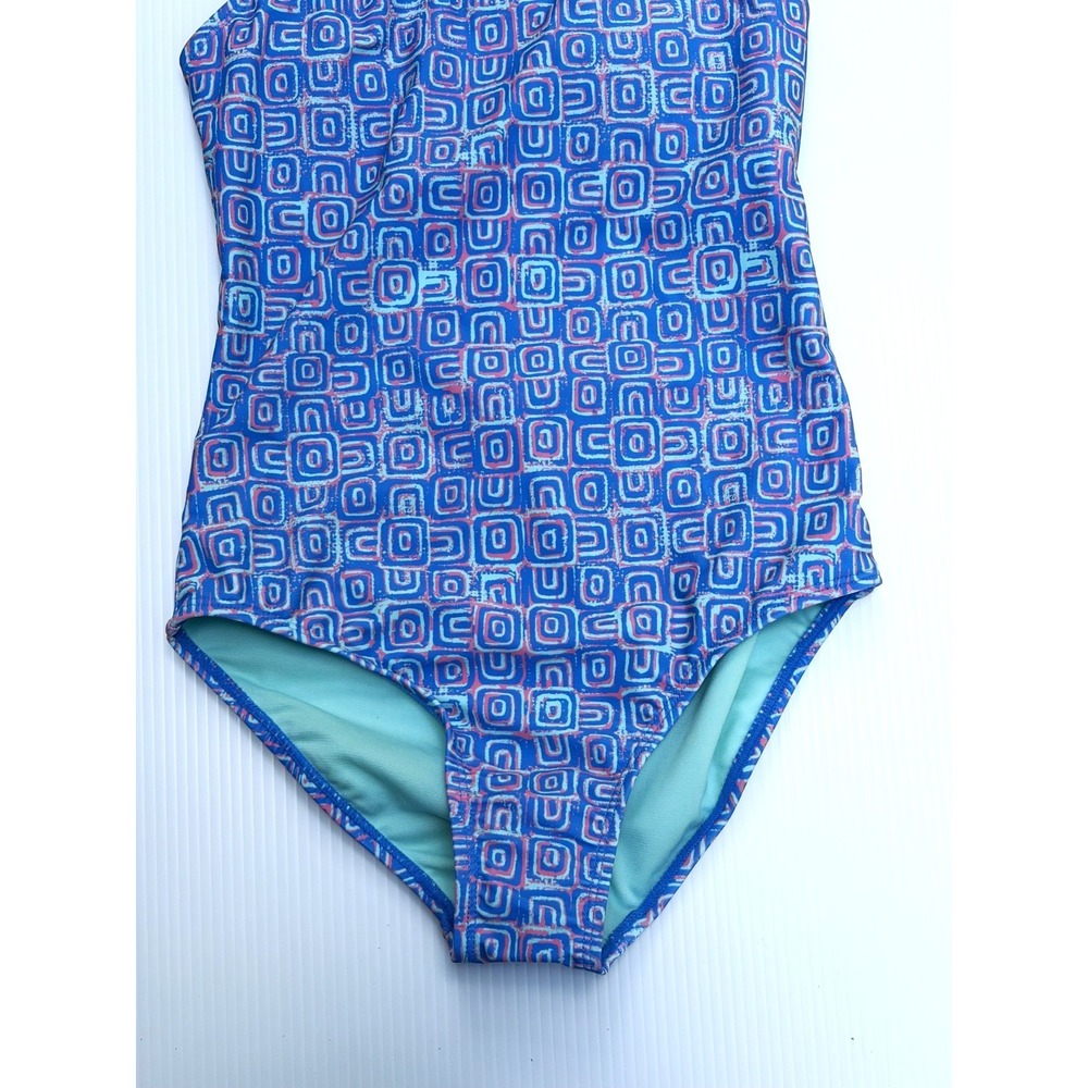 Raisins Girls Size 12 Norie One Piece Swimsuit Blue Geometric Caged Back - Picture 3 of 13